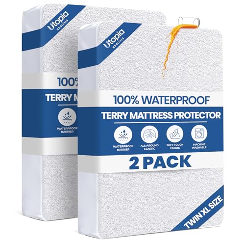 Utopia Bedding Twin XL Size Mattress Protector Waterproof 2 Pack Premium 200 GSM Terry Mattress Cover Soft Breathable Bed Cover Fitted Sheet Style Stretchable Deep Pockets 15 by Utopia Bedding White - Image 1