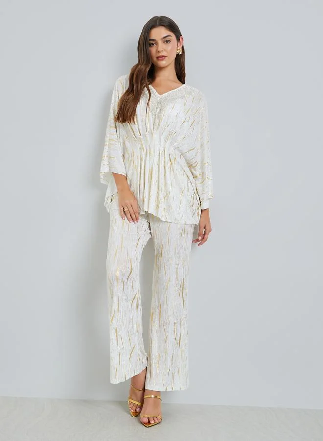 Styli Off-White Textured Kaftan Top with Foil Print