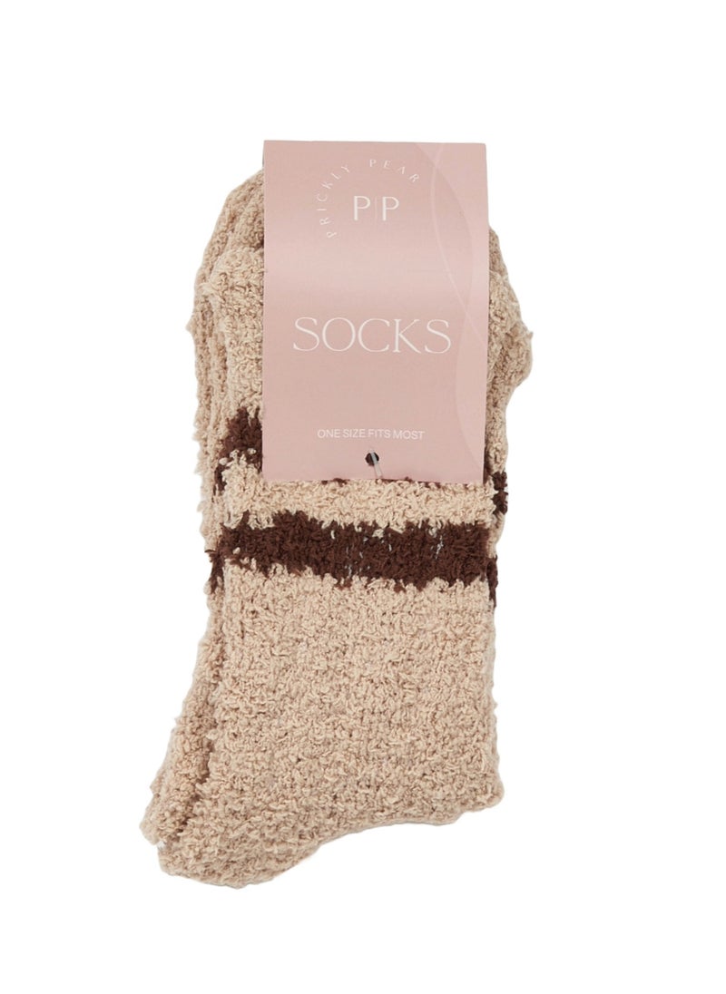 Prickly Pear Prickly Pear Cream Cozy Striped Socks - Women?s Cozy Beige Stripe Slipper Socks, One Size Fits Most  - Image 5