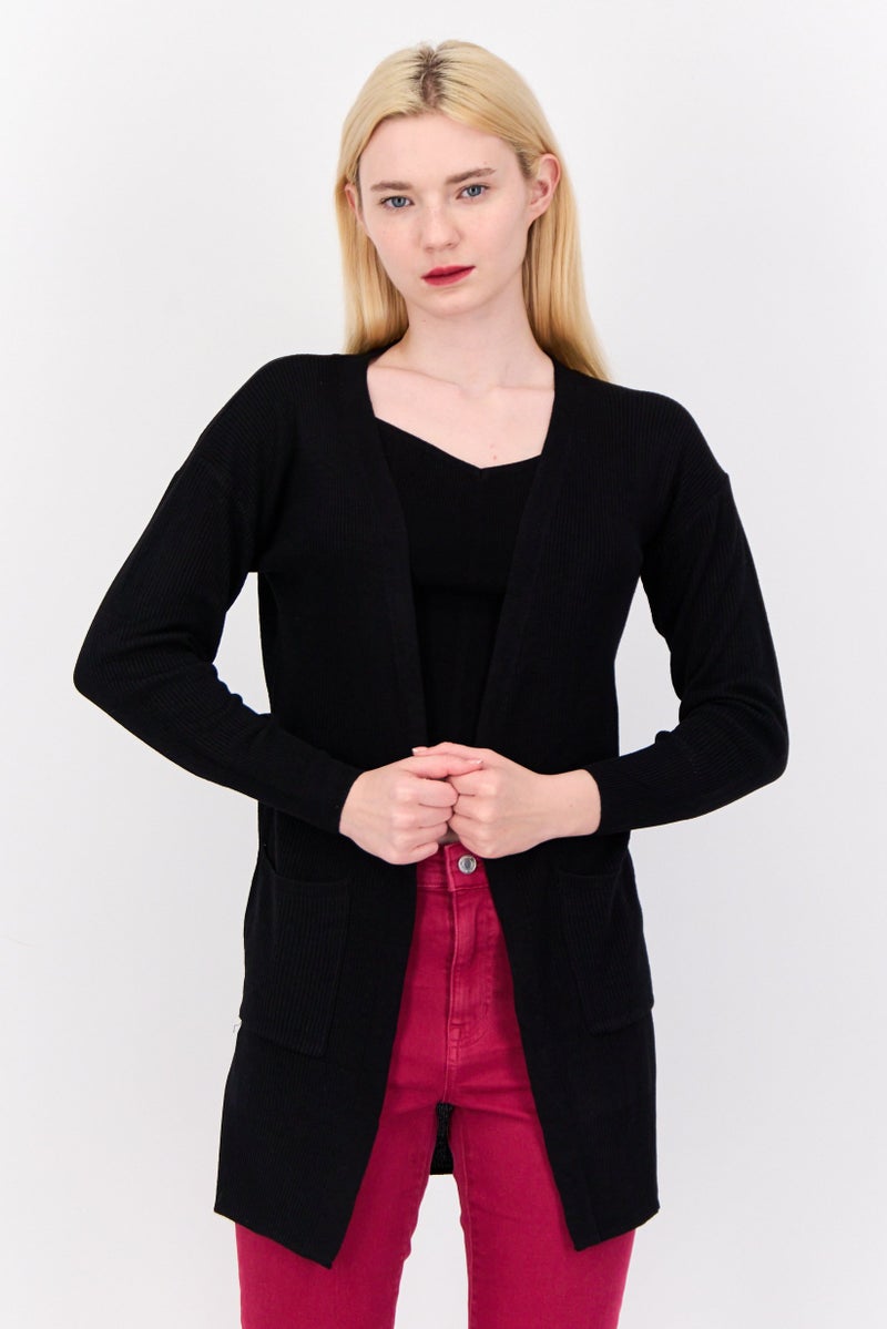 Pink Rose Women Split Neck Knitted Cardigan, Black  - Image 1
