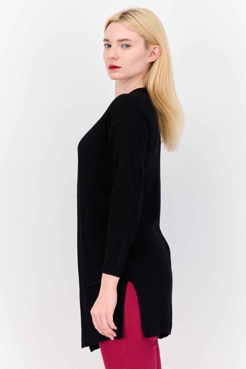 Pink Rose Women Split Neck Knitted Cardigan, Black  - Image 3