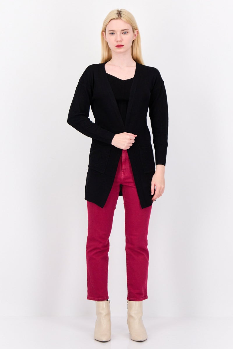 Pink Rose Women Split Neck Knitted Cardigan, Black  - Image 2