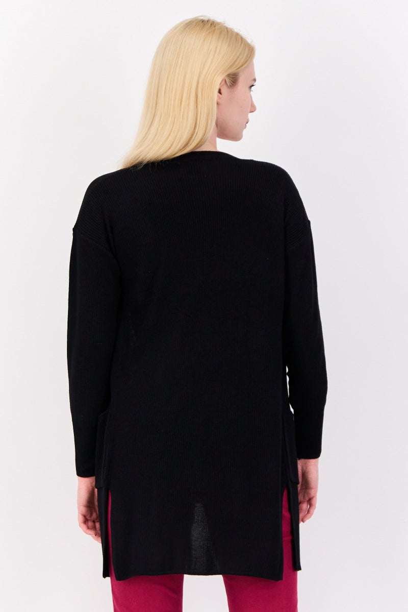 Pink Rose Women Split Neck Knitted Cardigan, Black  - Image 4