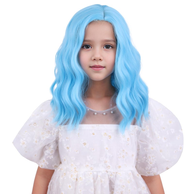 DUDUWIG Kids Light Blue Wig Girls Short Light Blue Wavy Curly Wig Blue Wig for Child Synthetic Hair Wig