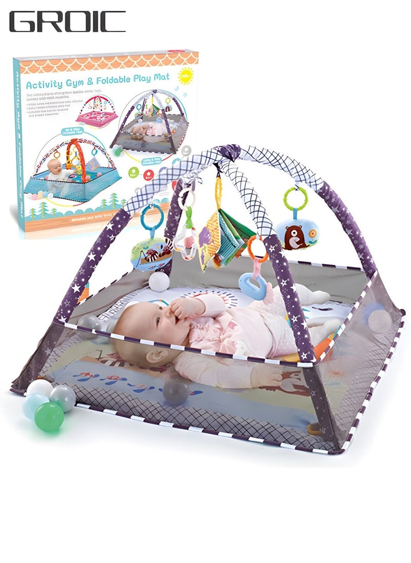 GROIC - Baby Play Gym, Mat Newborn with Padded Base Lightweight Foam Stand, 5 Hanging Toys and 18 Ocean Balls Washable Playmats & Floor Gyms for 0-36 Months - Image 1