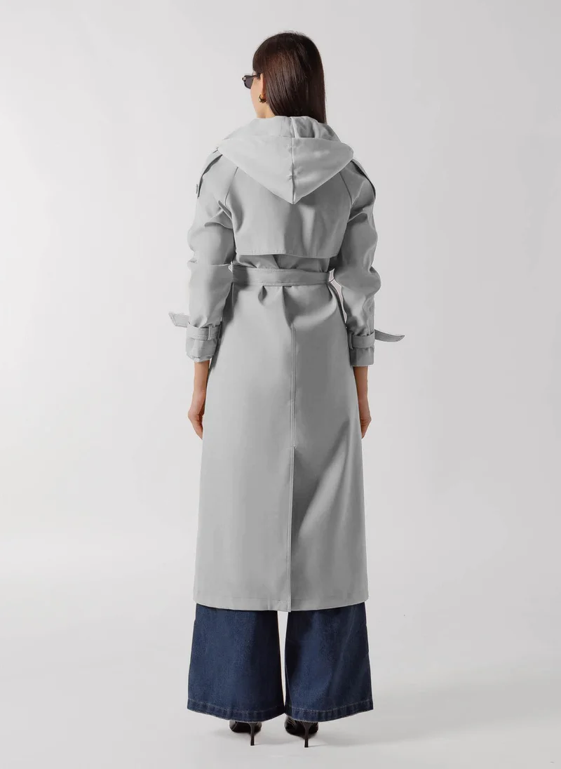 Shapes GREY HOODED BELTED TRENCH COAT for Women | Best Price UAE