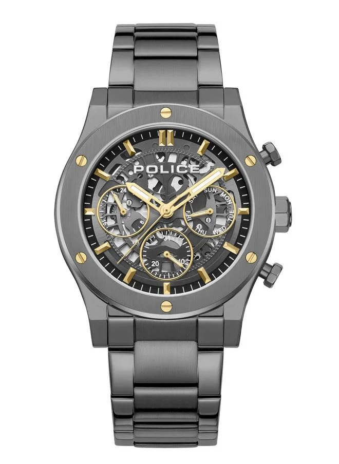 POLICE Knotty Men's  42mm Multi-Function Watch with Stainless Steel Bracelet, Ion-Plated Gun Dial & Gold-Plated Indexes