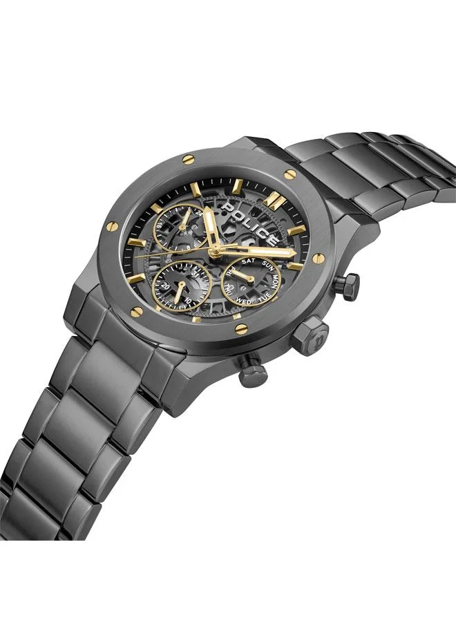 POLICE Knotty Men's  42mm Multi-Function Watch with Stainless Steel Bracelet, Ion-Plated Gun Dial & Gold-Plated Indexes
