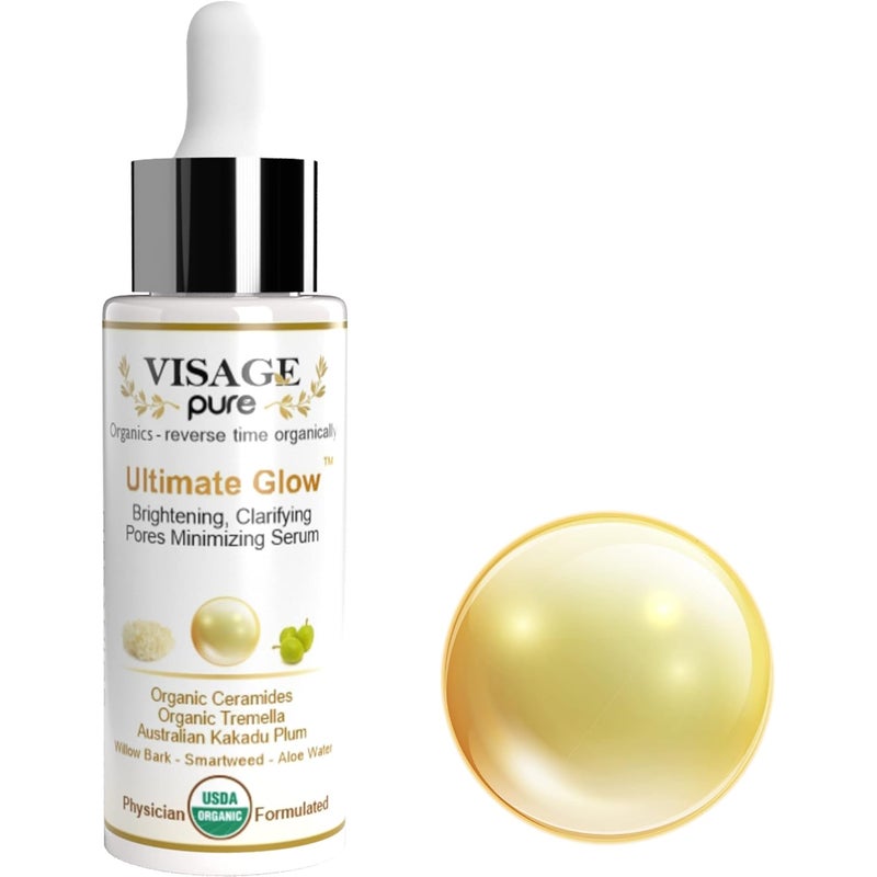Ultimate Glow - Brightening, Clarifying, Hydrating and Pores Minimizing Face Serum - High Concentration Organic Vitamin C, Phyto-Ceramides, Tremella, and The Pores Cleaning Willow Bark - USDA Organic - Physician Formulated - Research Supported