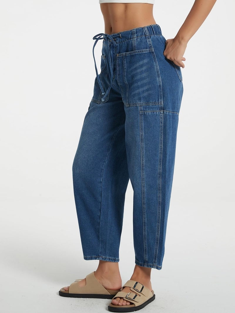LifeShe Women's Wide Leg Baggy Jeans Elastic Waist Barrel Jeans Trendy Loose Drawstring Ankle Denim Pants Deep Blue - Image 4