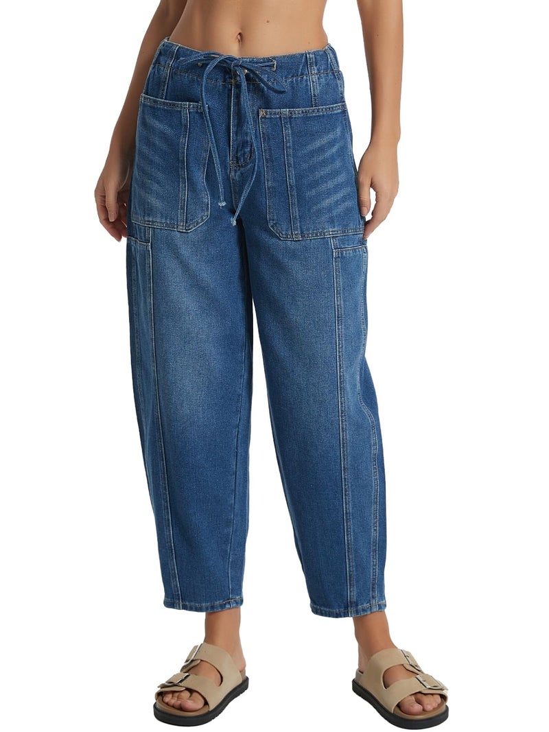 LifeShe Women's Wide Leg Baggy Jeans Elastic Waist Barrel Jeans Trendy Loose Drawstring Ankle Denim Pants Deep Blue - Image 1