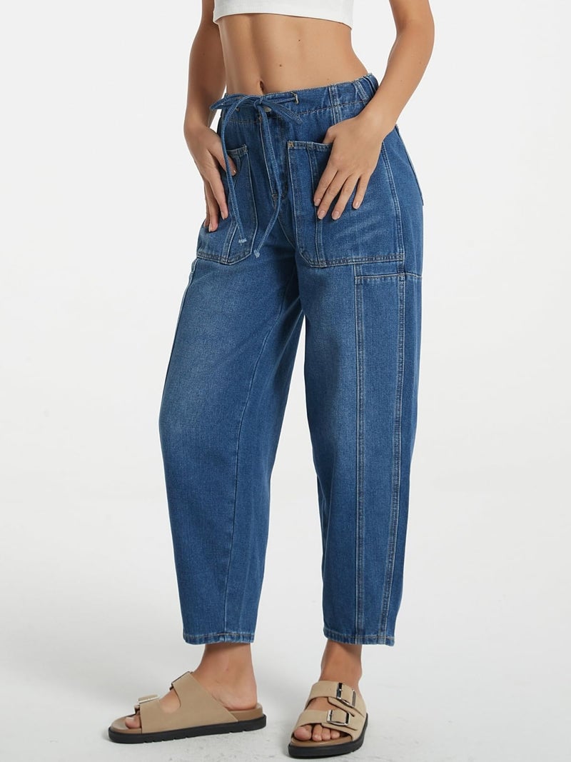 LifeShe Women's Wide Leg Baggy Jeans Elastic Waist Barrel Jeans Trendy Loose Drawstring Ankle Denim Pants Deep Blue - Image 5
