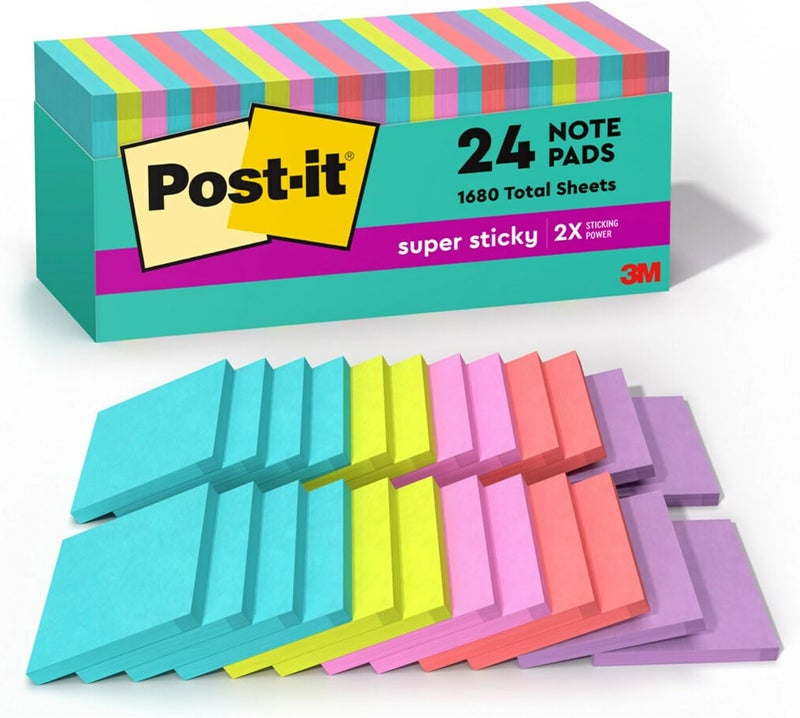 Post It Super Sticky Notes, 24 Sticky Note Pads, 3 x 3 in., Ideal for Organization in Your Dorm, Home or Office, 2X The Sticking Power, Supernova Neons Collection - Image 1