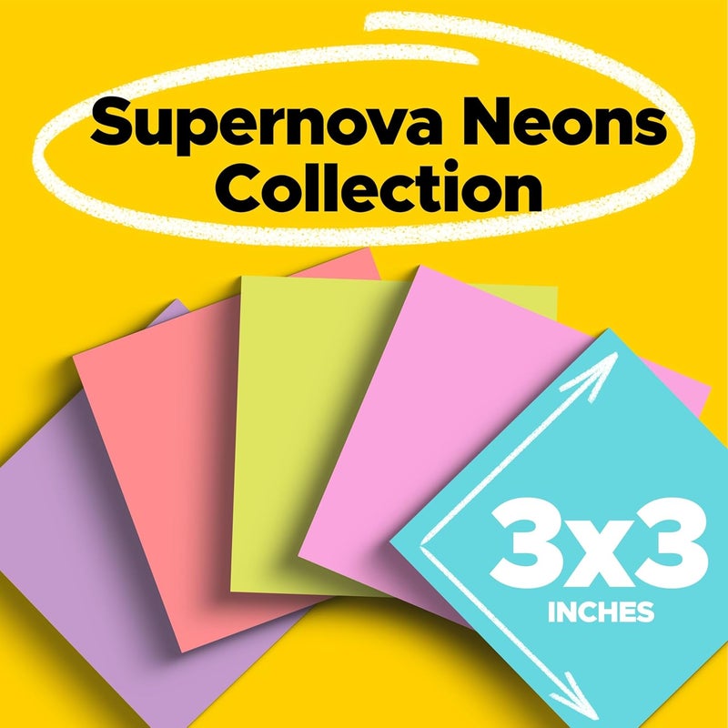 Post It Super Sticky Notes, 24 Sticky Note Pads, 3 x 3 in., Ideal for Organization in Your Dorm, Home or Office, 2X The Sticking Power, Supernova Neons Collection - Image 2