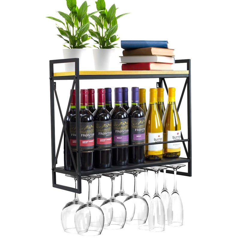 Sorbus Wine Bottle Stemware Glass Rack Industrial 2Tier Wood Shelf Wall Mounted Wine Racks with 5 Stem Glass Holders for Wine Glasses Flutes Mugs Home Dcor Metal