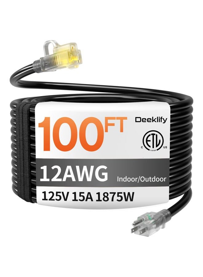 Deeklify 12 Gauge 100 FT Heavy Duty Outdoor Extension Cord Waterproof with Lighted End,Black 12 Gauge Extension Cord Flexible and Cold Resistant 3 Prong Grounded Plug,15Amp 1875W SJTW ETL Listed - Image 1