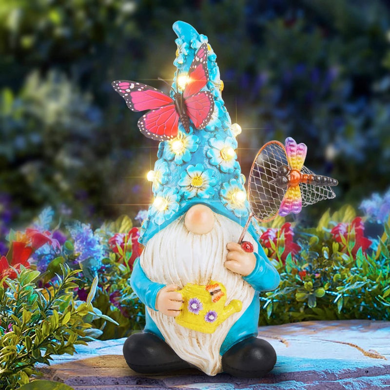 Foreby Garden Gnome Statues Outdoor Decor Solar Gnomes with Butterfly on LED Lighted Flowers Resin Blue Gnomes Sculpture for Patio Yard Lawn Onament Decoration