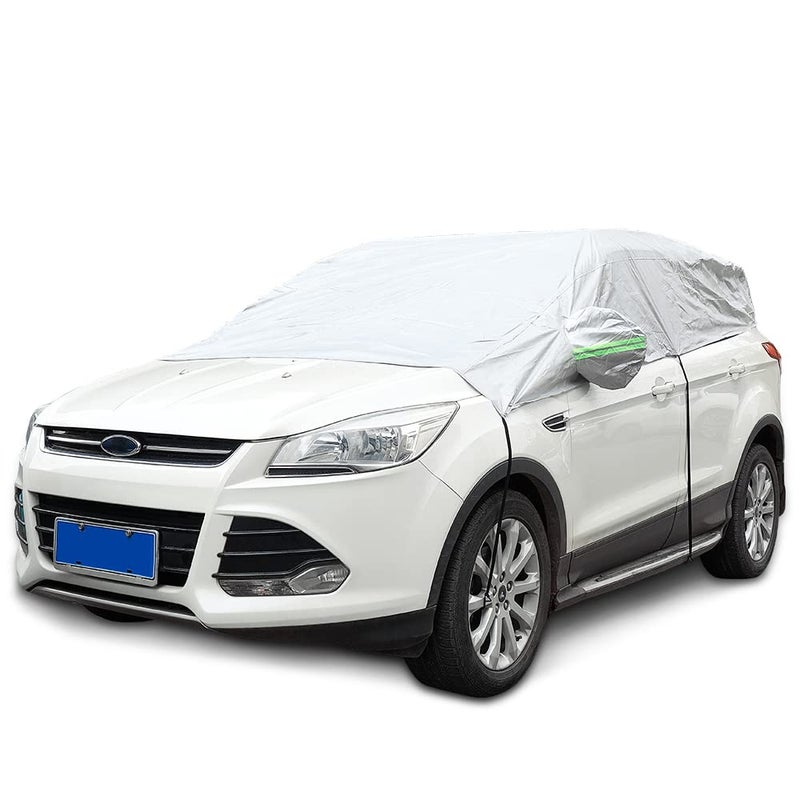 JSCARLIFE Half Car Cover Windshield Cover WaterproofWindproofDustproofSnow Protection Winter Summer Fit Most Compact and Midsize SUVs Protect Your Windshield and Roof 210D Oxford Fabric