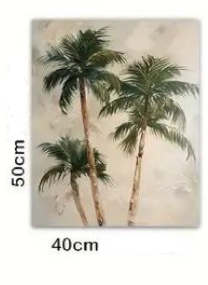 A modern, beautiful, elegant, watercolor canvas wall art, a soft, sophisticated picture of a group of palm trees, an Arabic-inspired color, a bright and relaxing painting. The painting, without any frame, is considered an elegant decorative element for the home or even in the hotel corridors, bedroom, guest room, meeting room, Bedouin tent, office, popular cafe, old traditional restaurants, hospital corridors, kitchen, next to the coffee corner, or an ideal artistic gift for special people. It can be given to a person in the old mud house council, or to an elderly man or woman, or in Ramadan. You can add a wooden frame to it, or you can even hang the painting with clips without any frame. Its size is 40*50 cm without a frame