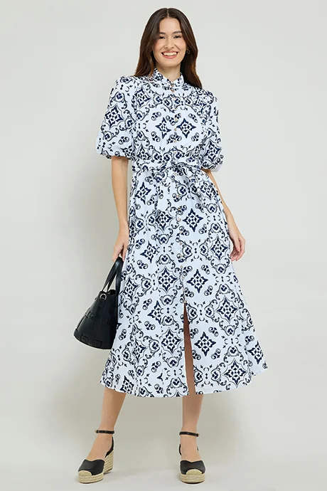 أر أند بي Patterned Midi Dress with High Neck and Puff Sleeves
