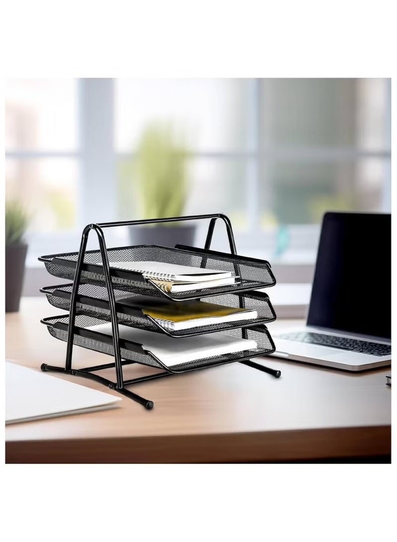 Beauenty 3-Tier Metal Mesh Document Tray – Black | A4 Paper File Organizer | Office Desk Storage | Workspace  Home Organizer | Stackable Office Supplies - Image 3
