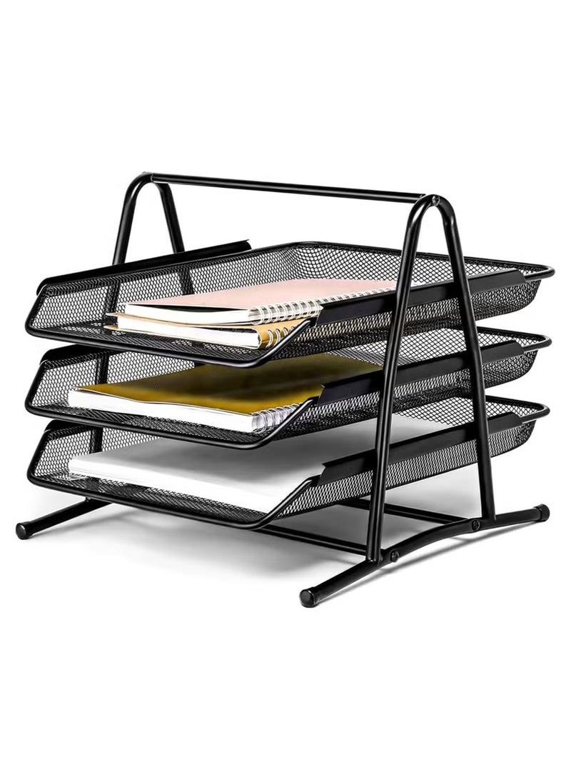 Beauenty 3-Tier Metal Mesh Document Tray – Black | A4 Paper File Organizer | Office Desk Storage | Workspace  Home Organizer | Stackable Office Supplies - Image 1