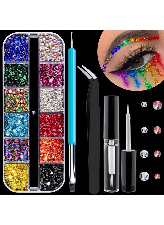 BELLEBOOST Round Flatback Face Gems Kit (Colorful) For Makeup With Quick Dry Glue + Brush + Tweezer Nail Art Rhinestones Mixed Color Iridescent Chameleon Glass Crystal Beads For Makeup Deco  - Image 1