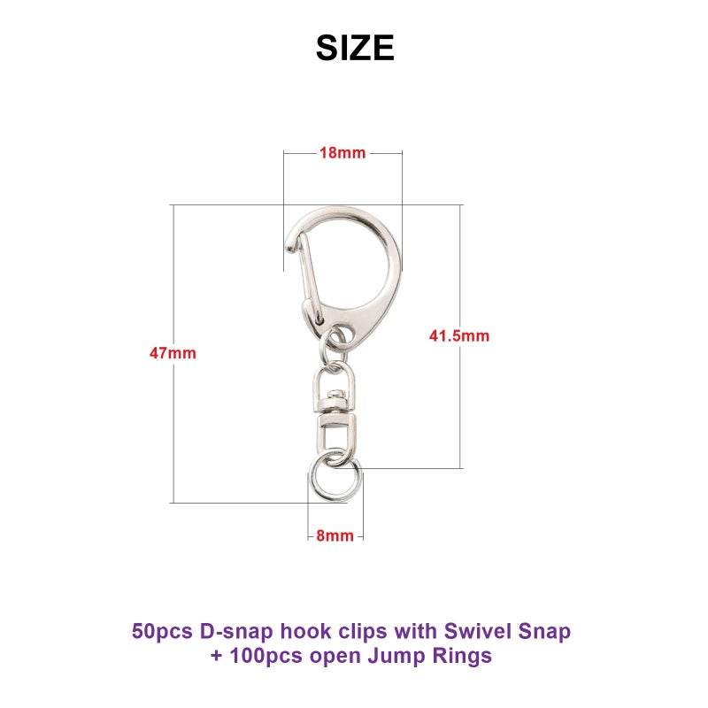 ZoloAJay 50 Sets Lobster Claw Clasps Keychain Clip D-snap Hook Clips with Swivel Snap and Open Jump Rings for Silver DIY Making Trinket Crafts Diameter 0.7inch (18mm) - Image 2