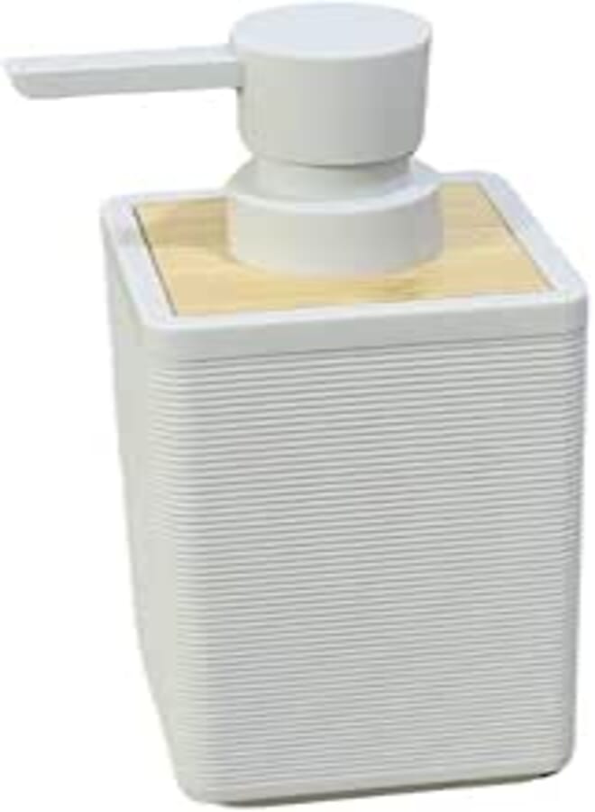 Happy Home Woven Square Soap Dispenser with Bamboo Touch, 280ml, Perfect for Kitchen and Bathroom, Countertop Soap Dispenser 16cm (White)