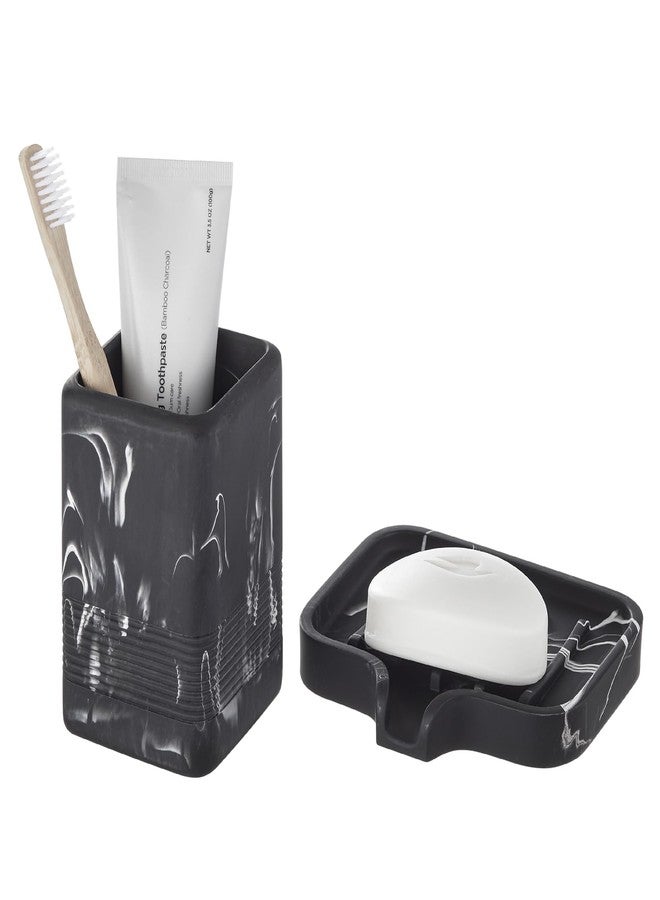 INIUNIK Toothbrush Holder and Soap Dish Set, Resin Toothbrush Cup Bathroom Cup Tumbler Marble Design, Self Draining Bar Soap Holder Shower for Bathroom Holder and Organizer, Black - Image 1