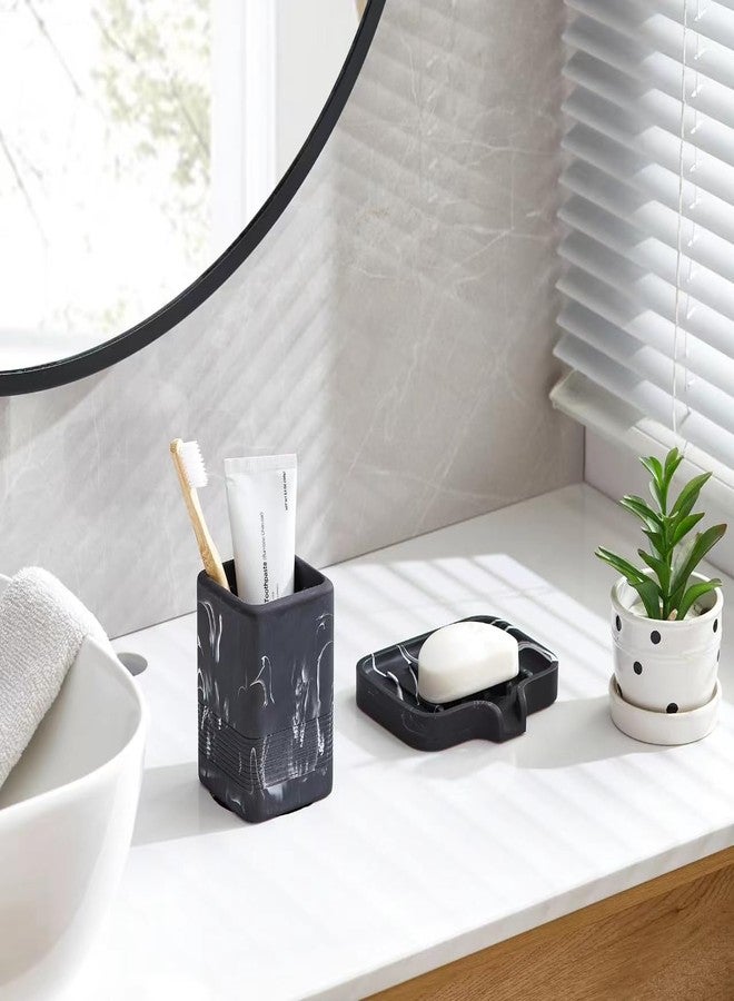 INIUNIK Toothbrush Holder and Soap Dish Set, Resin Toothbrush Cup Bathroom Cup Tumbler Marble Design, Self Draining Bar Soap Holder Shower for Bathroom Holder and Organizer, Black - Image 2