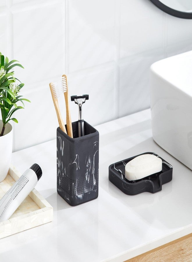 INIUNIK Toothbrush Holder and Soap Dish Set, Resin Toothbrush Cup Bathroom Cup Tumbler Marble Design, Self Draining Bar Soap Holder Shower for Bathroom Holder and Organizer, Black - Image 3