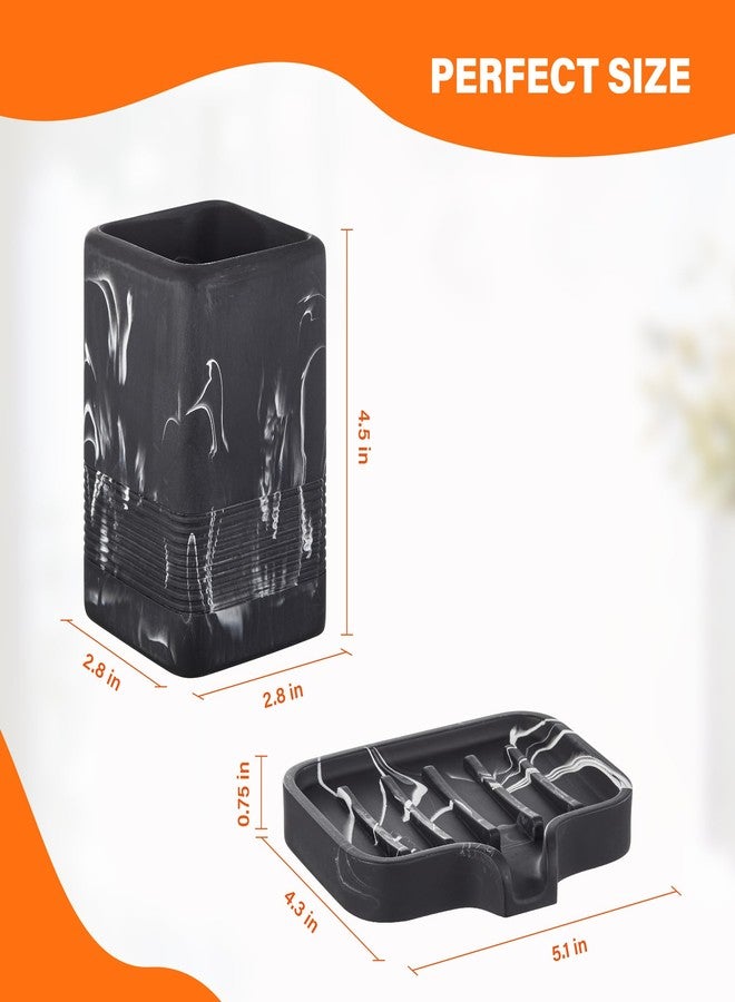 INIUNIK Toothbrush Holder and Soap Dish Set, Resin Toothbrush Cup Bathroom Cup Tumbler Marble Design, Self Draining Bar Soap Holder Shower for Bathroom Holder and Organizer, Black - Image 4