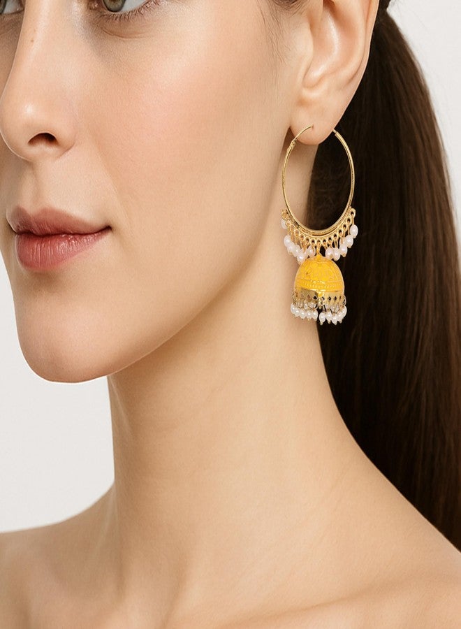 Siddhatva Fashion Gold Pearl Meenakari Jhumka Jhumki Hoop Earrings Traditional Earrings for Women Jewellery (YELLOW) - Image 3
