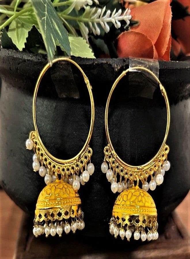 Siddhatva Fashion Gold Pearl Meenakari Jhumka Jhumki Hoop Earrings Traditional Earrings for Women Jewellery (YELLOW) - Image 5