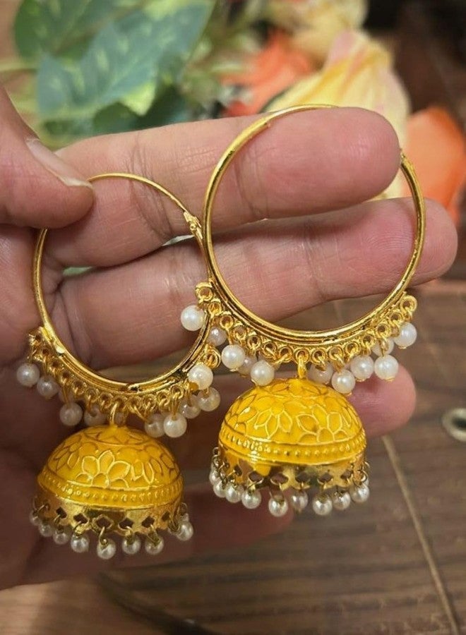 Siddhatva Fashion Gold Pearl Meenakari Jhumka Jhumki Hoop Earrings Traditional Earrings for Women Jewellery (YELLOW) - Image 4