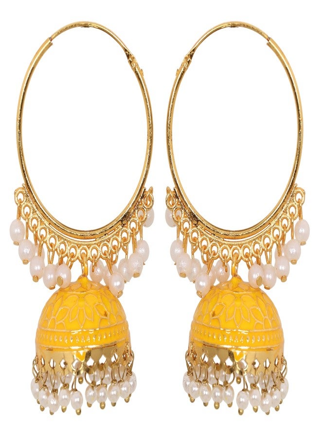 Siddhatva Fashion Gold Pearl Meenakari Jhumka Jhumki Hoop Earrings Traditional Earrings for Women Jewellery (YELLOW) - Image 2