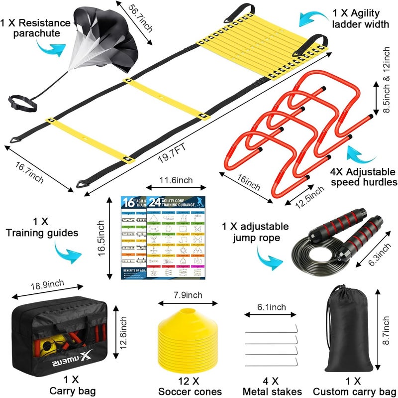 X-UMEUS Agility Ladder Speed Training Equipment Set - 20ft Ladder, 12 Soccer Cones, 4 Hurdles, Jump Rope, Running Parachute - Image 2