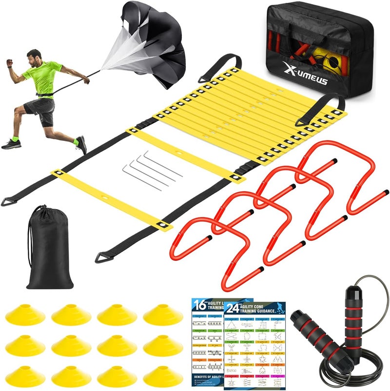 X-UMEUS Agility Ladder Speed Training Equipment Set - 20ft Ladder, 12 Soccer Cones, 4 Hurdles, Jump Rope, Running Parachute - Image 1