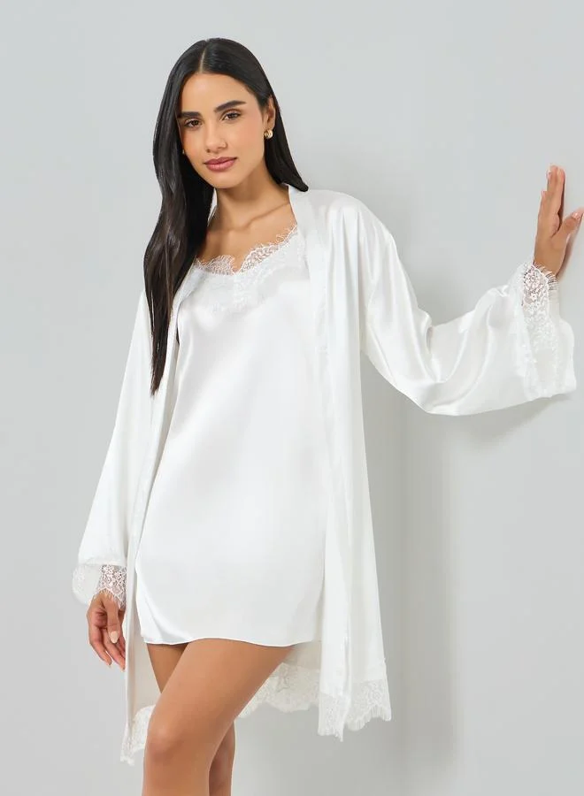 Take Two White Lace Trim Robe and Slip Dress Set