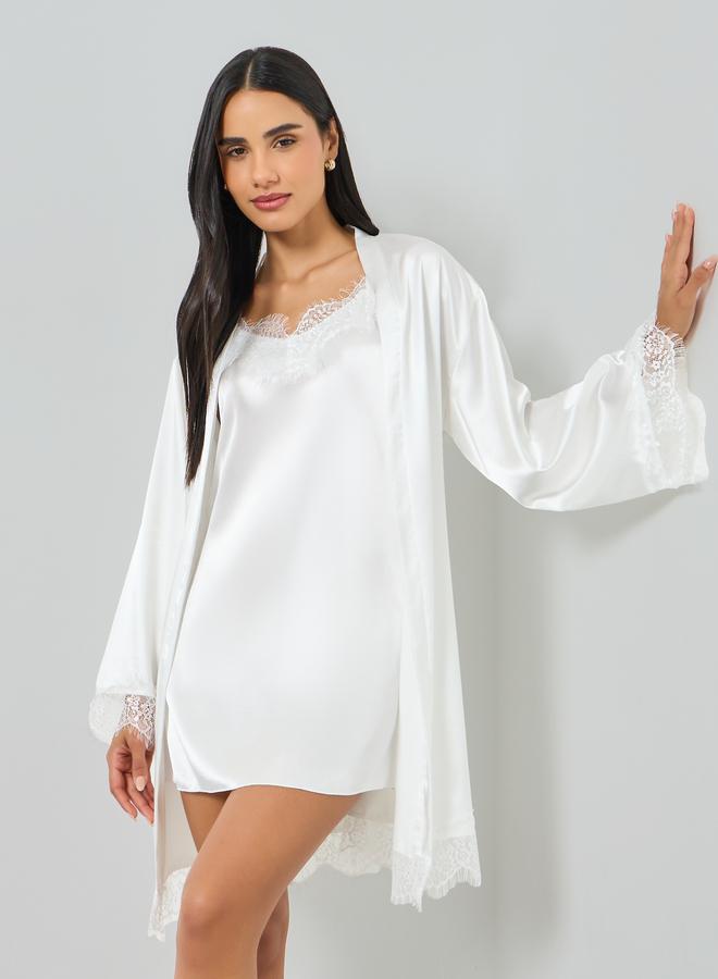 Take Two White Lace Trim Robe and Slip Dress Set - Image 1