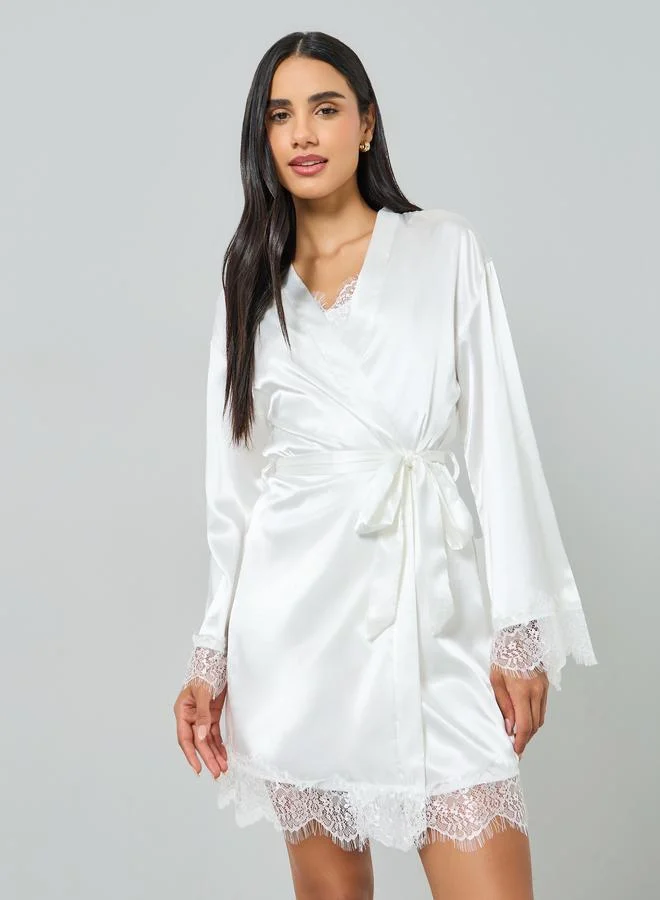 Take Two White Lace Trim Robe and Slip Dress Set