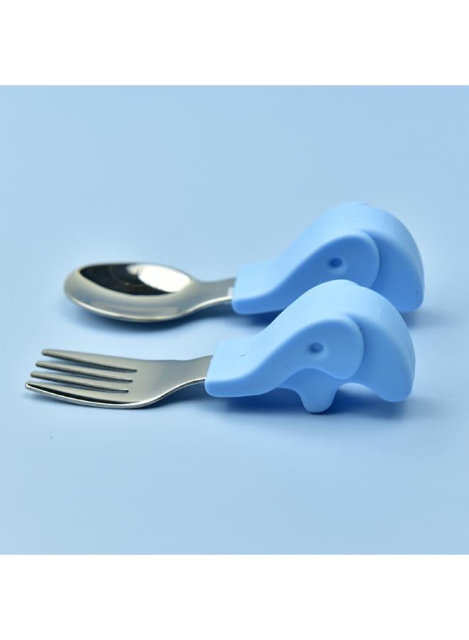 Hippo Baby Baby Learning To Eat Training Fork Spoon Short Handle Stainless Steel Tableware Children's Silicone Complementary Food Complementary Food Fork Spoon