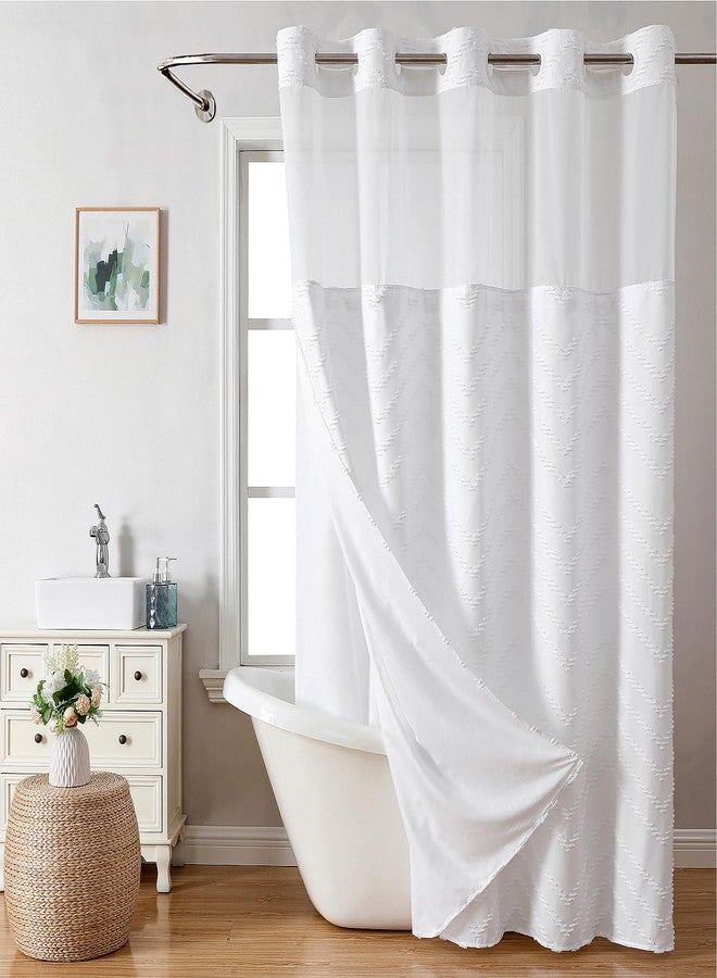 eachope No Hook Tufted Chevron Striped Shower Curtain with Snap-in Fabric Liner set-71Wx74H,Hotel Grade,Boho Style Waterproof Shower Curtain with See Through Top Window,White - Image 1