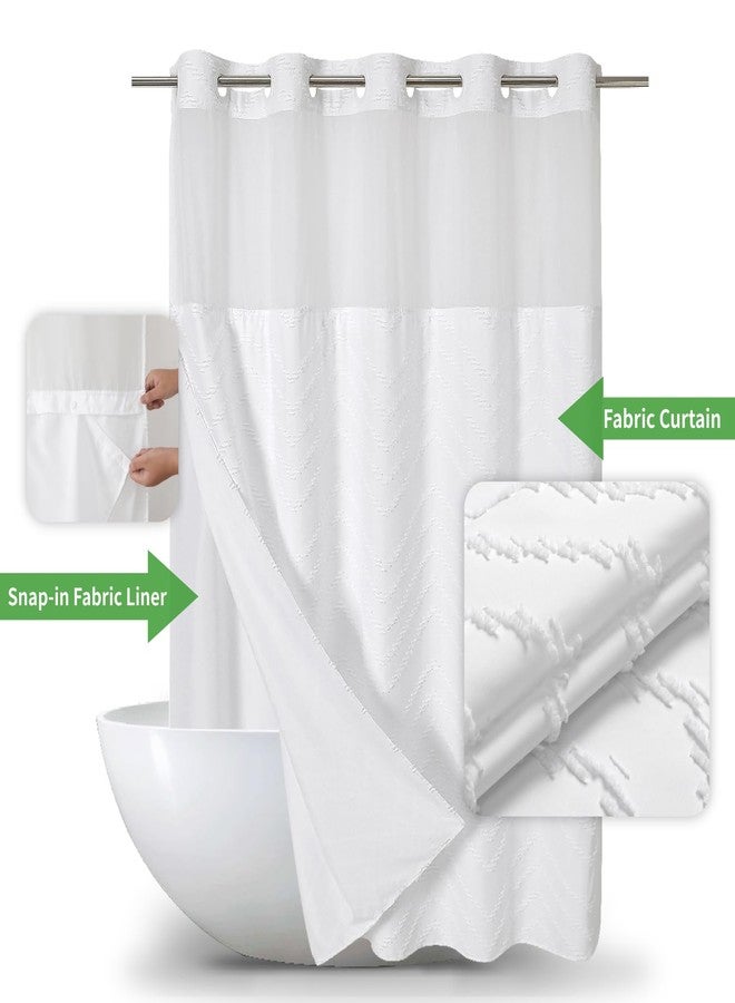 eachope No Hook Tufted Chevron Striped Shower Curtain with Snap-in Fabric Liner set-71Wx74H,Hotel Grade,Boho Style Waterproof Shower Curtain with See Through Top Window,White - Image 2