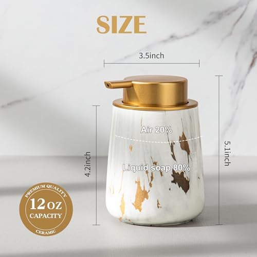 Enra Ceramic Soap Dispenser, 12 oz Gold Marble Hand Lotion Dispenser, Wide-Mouth Refillable Dish Soap Dispenser, Modern Liquid Soap Dispenser for Kitchen & Bathroom Countertop Decor - Image 2