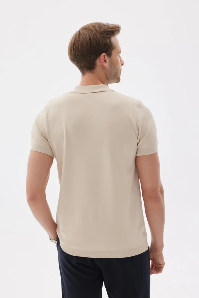 اوديلون Limited Men's Plain Zipper Polo Collar Rayon Knitwear T-Shirt Beige