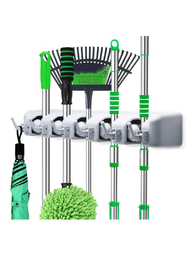 Generic Mop Holder, Broom Organizer with 5 Slots - The Perfect Solution for Organizing Cleaning Tools and Kitchen, Wall-Mounted Heavy-Duty Holder for Brooms and Mops with 5 Slots and 6 Hooks for Home, Garden, Garage, and Storage Room. Wall-Mounted Organizer for Brooms, Mops, Dusters, and Brushes, Plastic, Kitchen Organizer, Multi-Position Broom Rack, Wall-Mounted Mop Organizer, Broom Holder for Wall with 5 Slots and 6 Hooks for Home, Kitchen, and Garden Use.  - Image 1