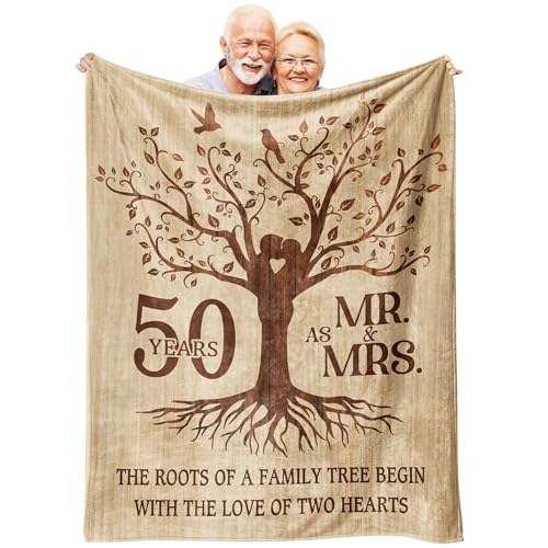 Glydein Happy 50th Anniversary Wedding Gifts Flannel Soft Blanket Decor Golden 50th Anniversary Romantic Gifts for Couple Parents 50 Year Wedding Anniversary Decorations 50x60 inches - Image 1