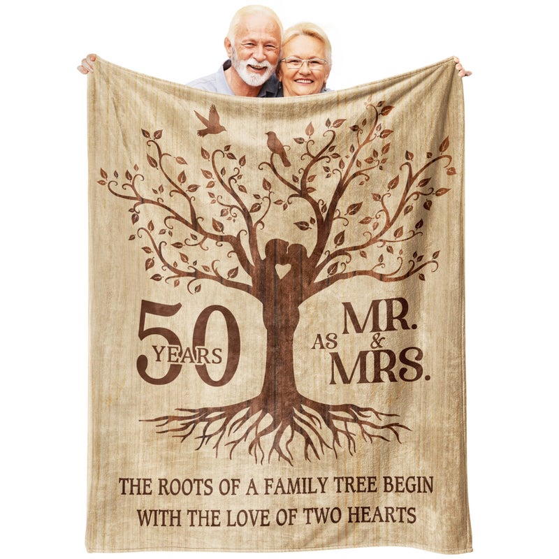 Glydein Happy 50th Anniversary Wedding Gifts Flannel Soft Blanket Decor Golden 50th Anniversary Romantic Gifts for Couple Parents 50 Year Wedding Anniversary Decorations 50x60 inches - Image 2